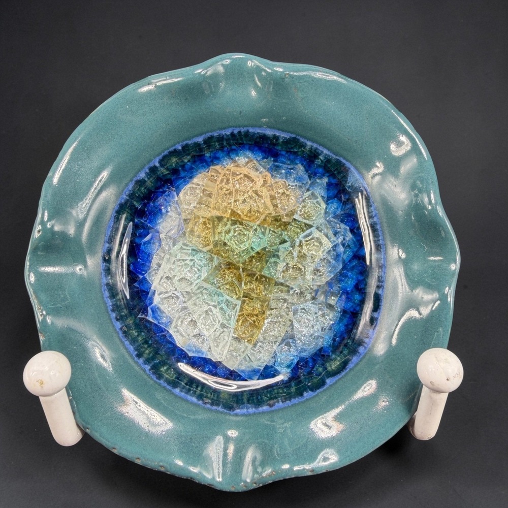 Down to Earth Pottery Teal Scalloped Dish Melted Glass Inlay Blue Catchall Plate
